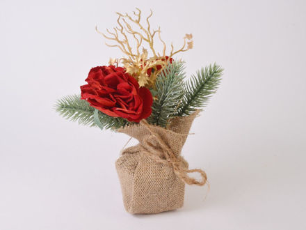 Slika Božićna posuda u juti s ružom, borovinom 29 cm/d7cm; crvena