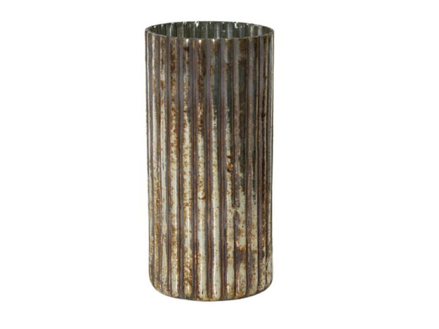 Slika Staklo vaza/svijećnjak cilindar rebrasti h20,5 d10cm srebrna s efektom