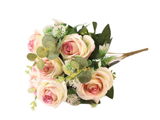 Slika Buket mix ruža/eukaliptus 46 cm; bijela/roza
