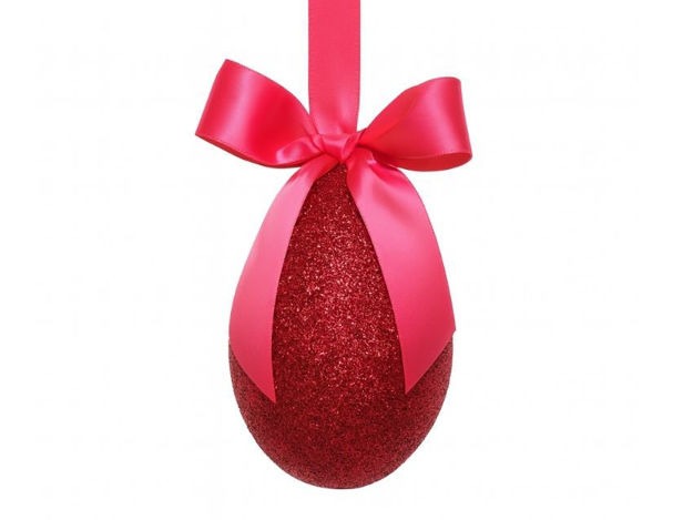 Slika Jaje dekorativno sa satenskom mašnom 10cm; gliter ; ciklama
